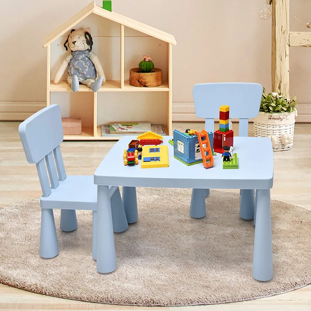COSTWAY 3 TLG. Kindersitzgruppe, Kindertischgruppe, Kindertisch mit 2 Stühlen, Kindermöbel aus Kunststoff, Kinder Tischset für Kindergarten und Kinderzimmer (Blau)